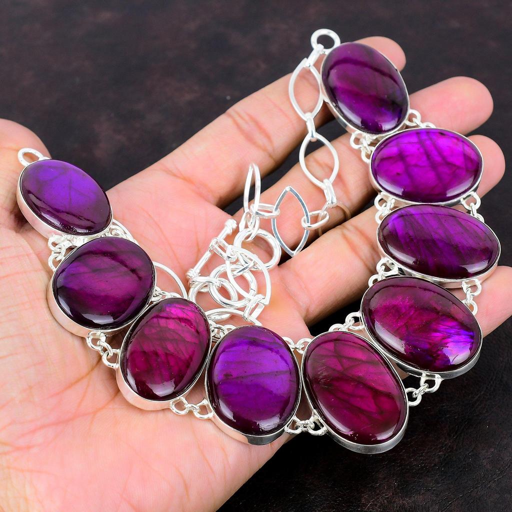 Purple Fire Labradorite Necklace Handmade Jewelry 925 Sterling Silver Necklace Adjustable Chain Necklace Antique Gemstone Necklace For Gift