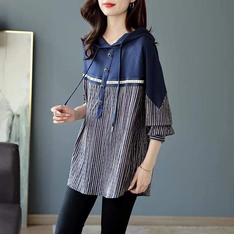 Весна-Осень Женское Полосатое Пальто С Капюшоном Сращивание Дамский Длинный Рукав Пуловер Корейский Повседневный Куртка Свободный Тонкий Пальто