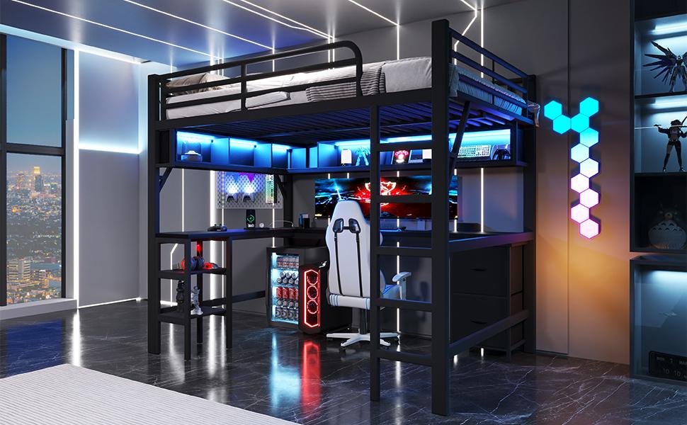 Metal loft bed for gaming (140 x 200 cm) with bookshelf, desk, cabinet, USB and LED lighting, black