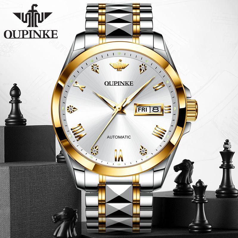 OUPINKE New Watch Automatic Mechanical Watch Stainless Steel Business Hollow Waterproof High-end Watch