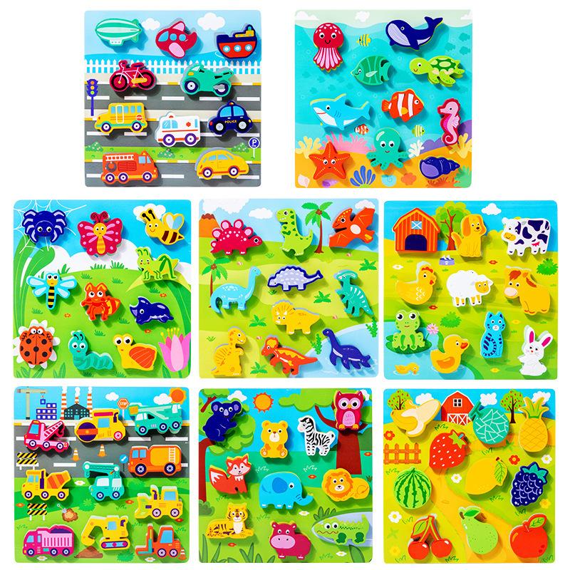 Wooden Montessori Toys Animal Transportation Sea Animal Fruits Early Education Fun 3D Paste Puzzle Toys for Children's Kids Gift