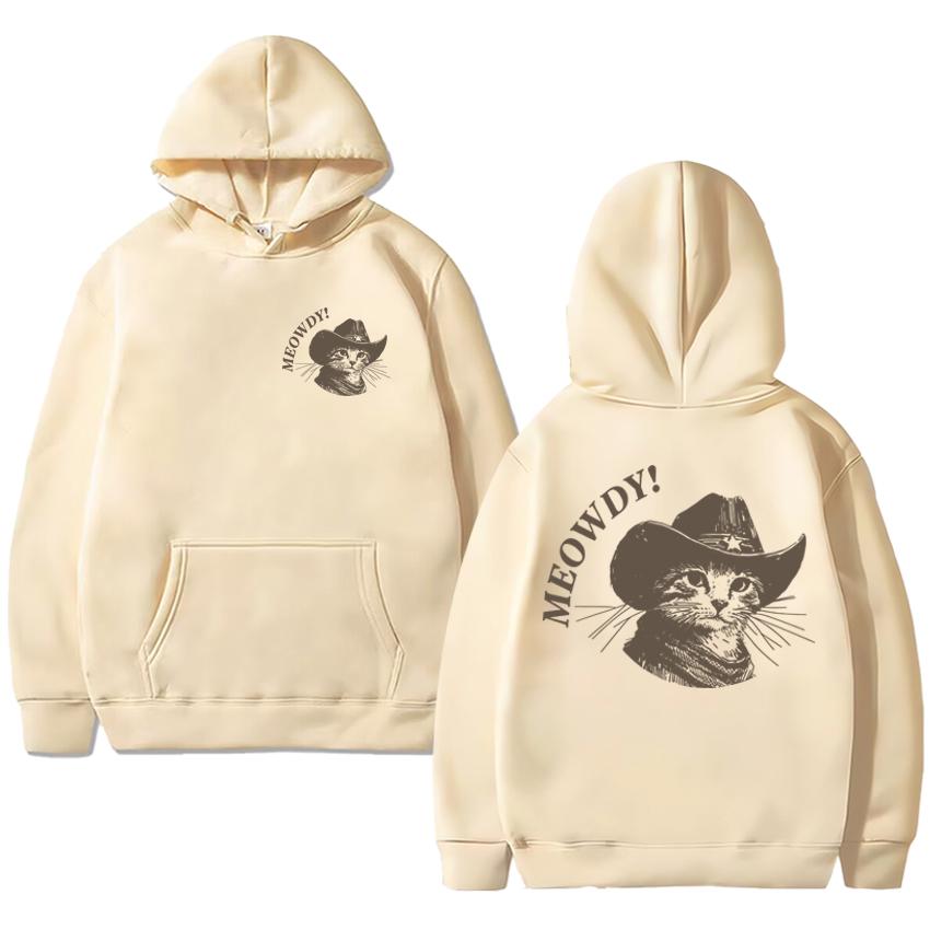 2025 New in Cowboy Cat vintage printed Hoodies Men women harajuku Casual Sweatshirt Unisex Fleece Long sleeve White pullovers