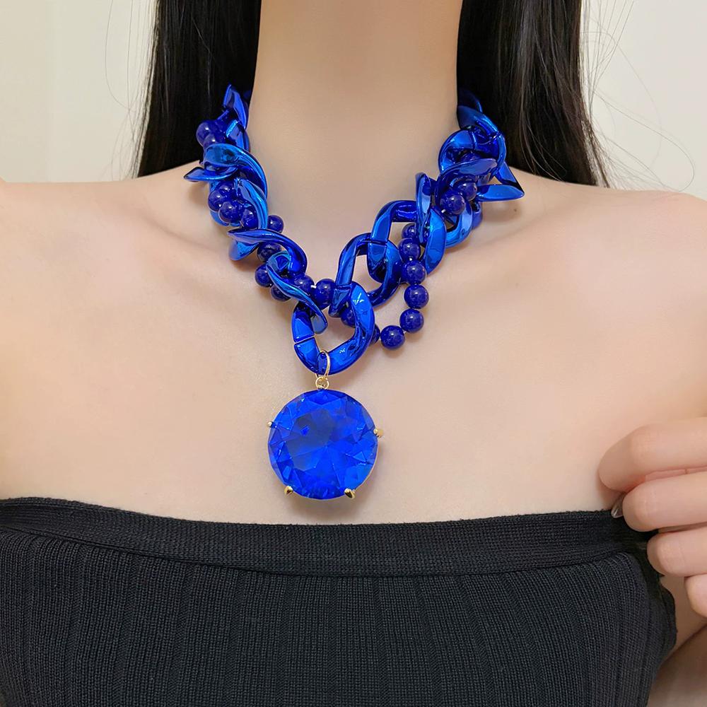 Colorful Acrylic Beaded Thick Chain Necklace For Women Retro Large Gemstone Pendant Collarbone Chain Neck Chain Fashion Jewelry