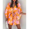 Summer Holiday Printed Beach Dress Lace-up A-line Bohi Short Dress V-neck Women Flying Sleeve Button Loose Casual Clothing 26524