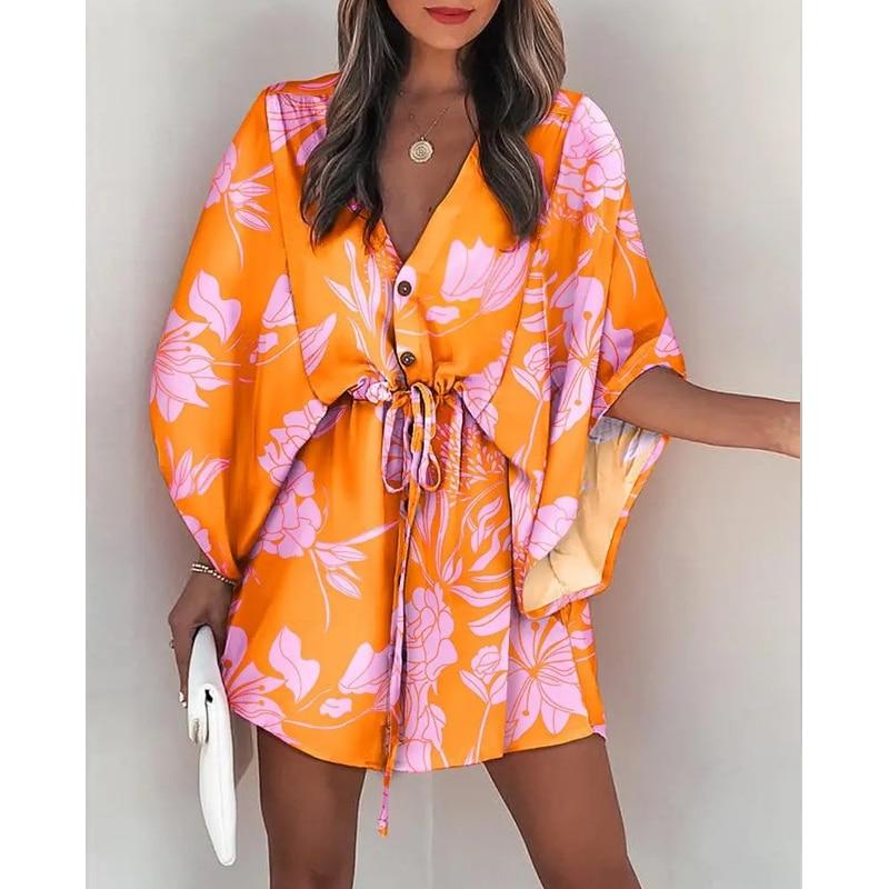 Summer Holiday Printed Beach Dress Lace-up A-line Bohi Short Dress V-neck Women Flying Sleeve Button Loose Casual Clothing 26524