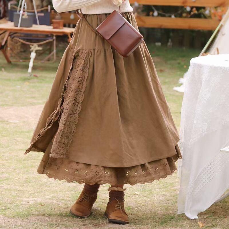 Johnature Vintage Mori Cotton Linen Patchwork Lace Skirts Spring All Match Elastic Waist Japanese A-Linen Women Skirts