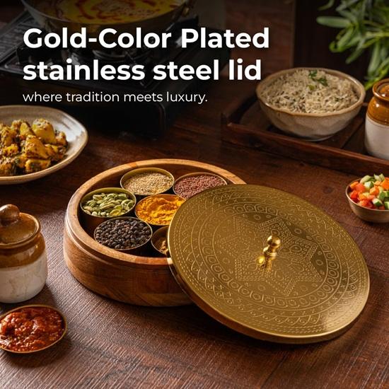 24.5 Cm Spice Box for Kitchen with Spoon 7 Detachable Containers, Acacia Wood 120 ML Storage Container Masala Dani for Gift