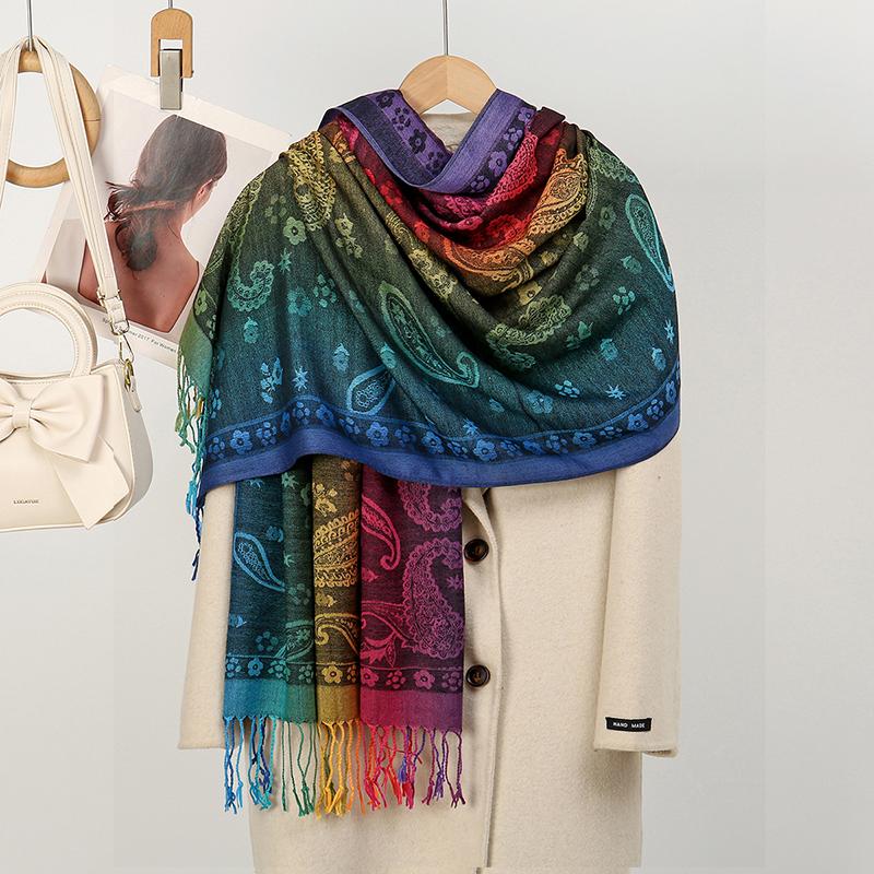Boho Elegant Jacquard Pashmina Imitation Cashmere Scarf Winter Thick Warm Rainbow Color Shawl Wrap Coldproof Blanket Scarf Stole