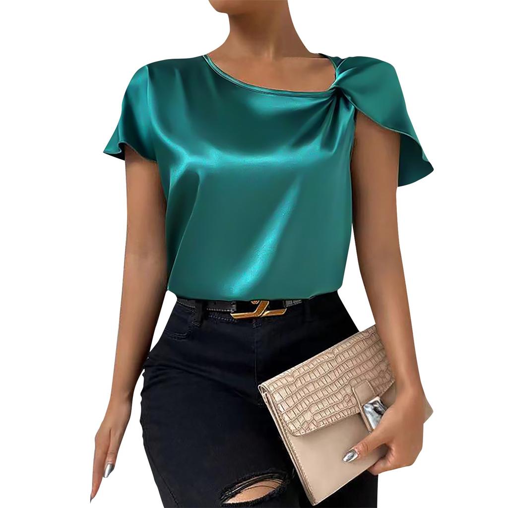 Женская повседневная элегантная атласная плиссированная однотонная свободная верхняя рубашка с баской, женская рубашка с асимметричным воротником и деталями