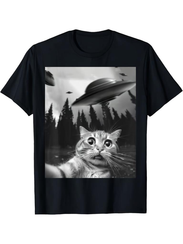 Funny Cat Selfie with UFOs T-Shirt Super Soft and Breathable Fabric Casual Wear, Short Sleeves, Regu