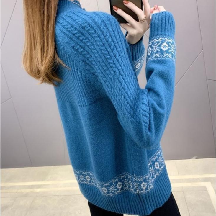 Осенне-зимний женский свитер с полувысоким воротником, свободный, толстый пуловер, вязаный топ, жаккардовый, эластичный вязаный топ, джемпер.