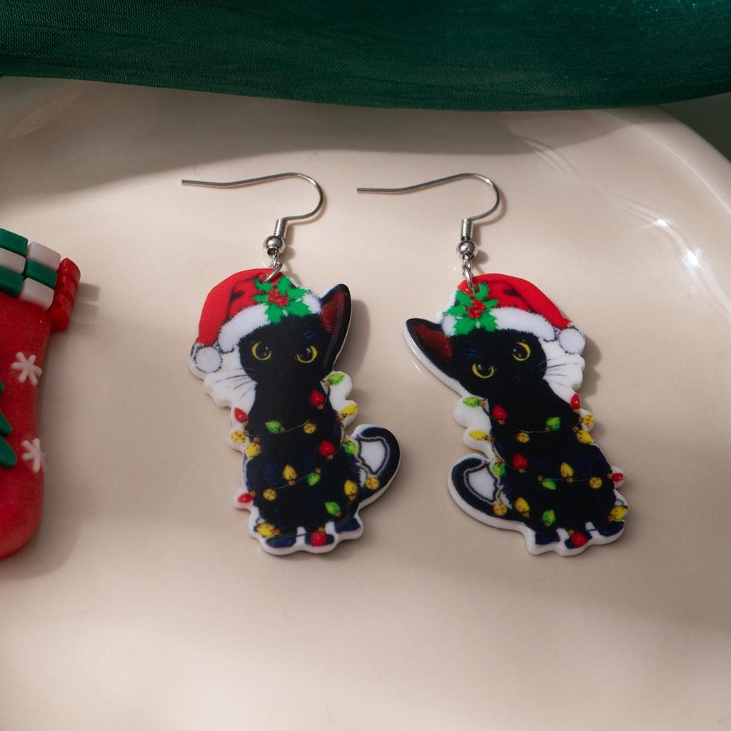 European & American Style Cute Kitten Christmas Earrings: Colorful Hat & Lights Acrylic Dangle Earrings