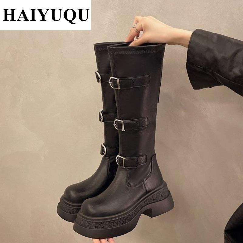 Platform Flats Women Knee High Boots Leather Shoes Luxury Brand  Winter New Fashion Chelsea Boots Motorcycle Zip Botas Mujer
