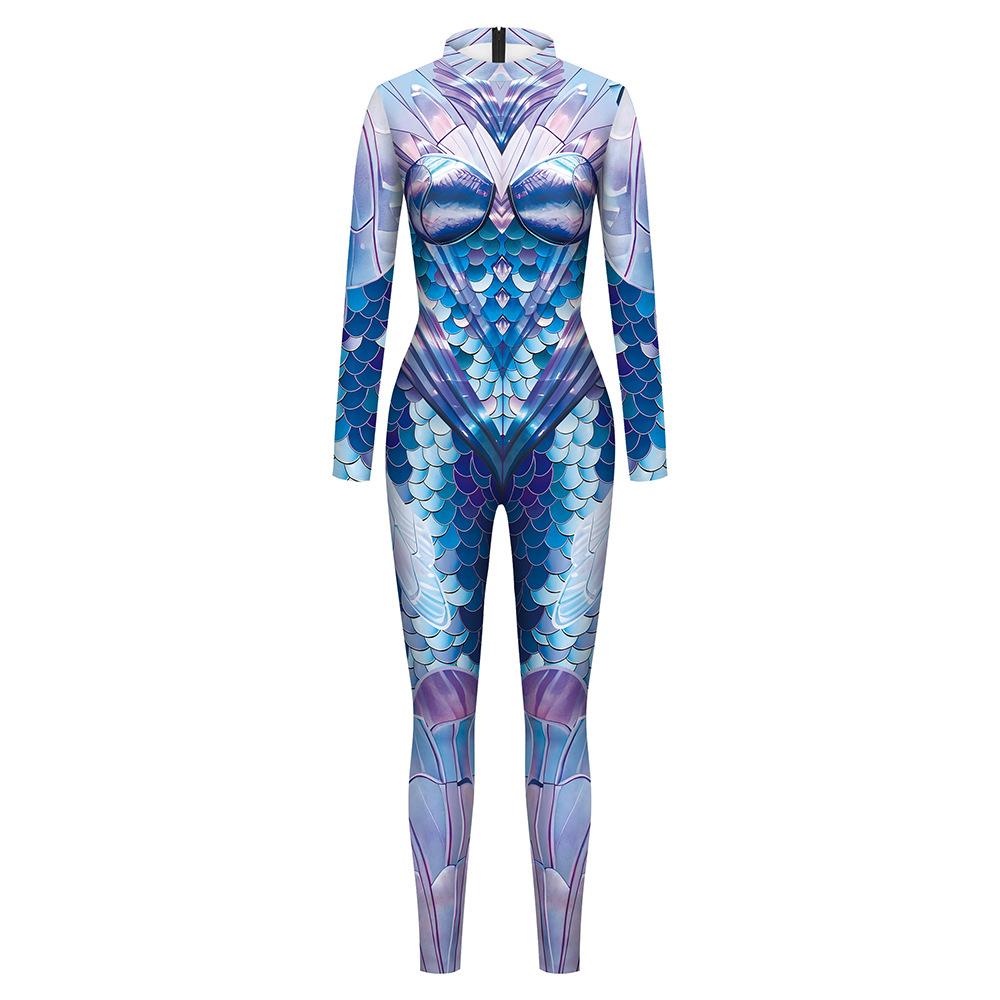 Fish Scale Mermaid 3D Digital Printing One-piece Halloween Costume for Adults Women Party Game Playing Printed Tights Jumpsuit