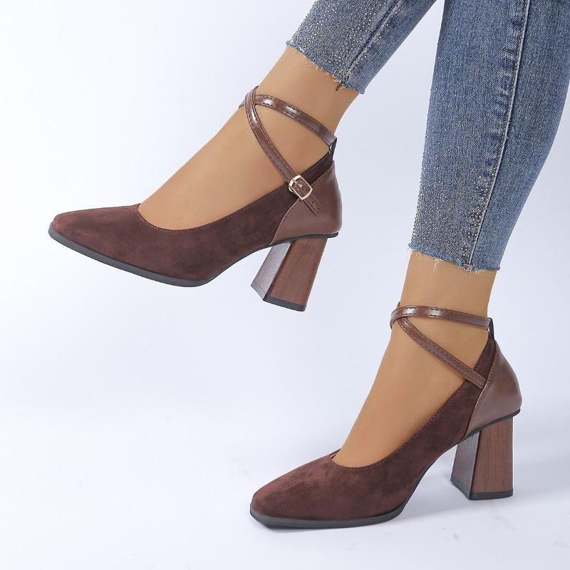 Модные туфли на блочном каблуке, женские модные туфли с квадратным носком, неглубокие, из замши, с перекрестными тонкими ремешками, на одной пряжке, нескользящие каблуки