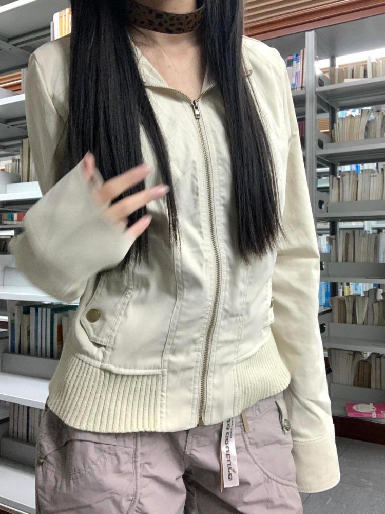 Винтажные укороченные куртки для женщин Харадзюку повседневные приталенные куртки на молнии Y2K уличная одежда с длинным рукавом верхняя одежда одежда осень зима
