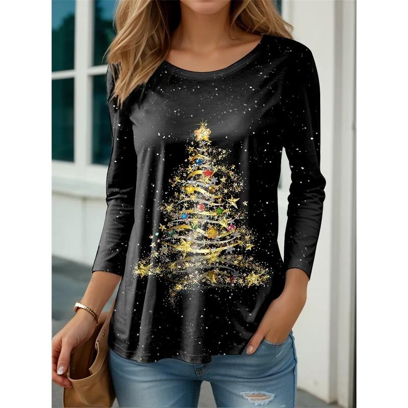 Летний топ с круглым вырезом и 3D рождественским принтом, модные и повседневные женские футболки с длинными рукавами