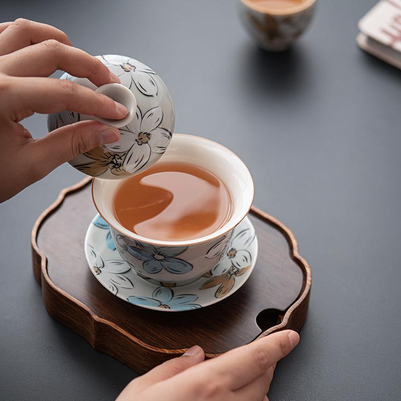 Супница с подглазурным покрытием цвета ледяной серый, трехцветная, с ручной росписью в виде цветов, Чайная чаша с изображением японской сакуры, Керамическая гайвань, Китайская посуда для кунг-фу