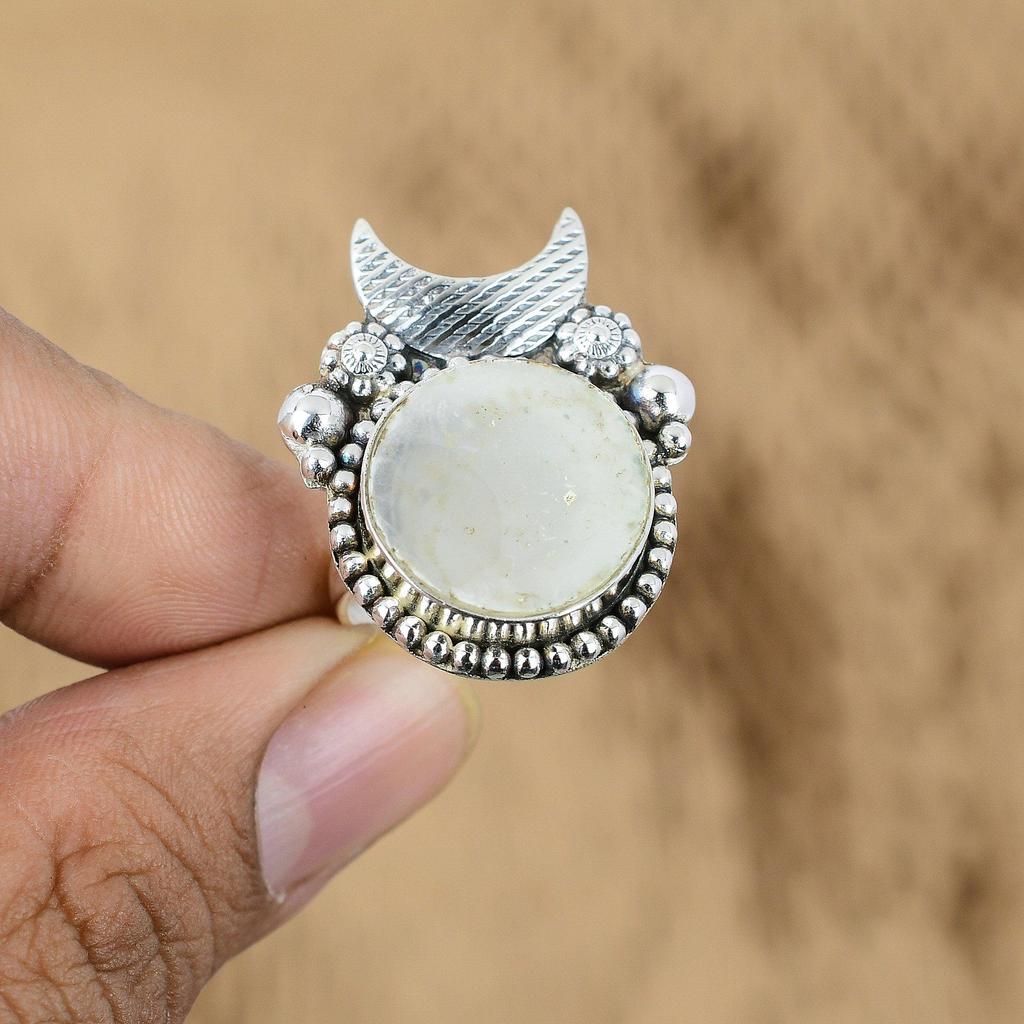 925 Silver Natural Mother Of Pearl Multi Stone Cresent Moon Adjustable Ring
