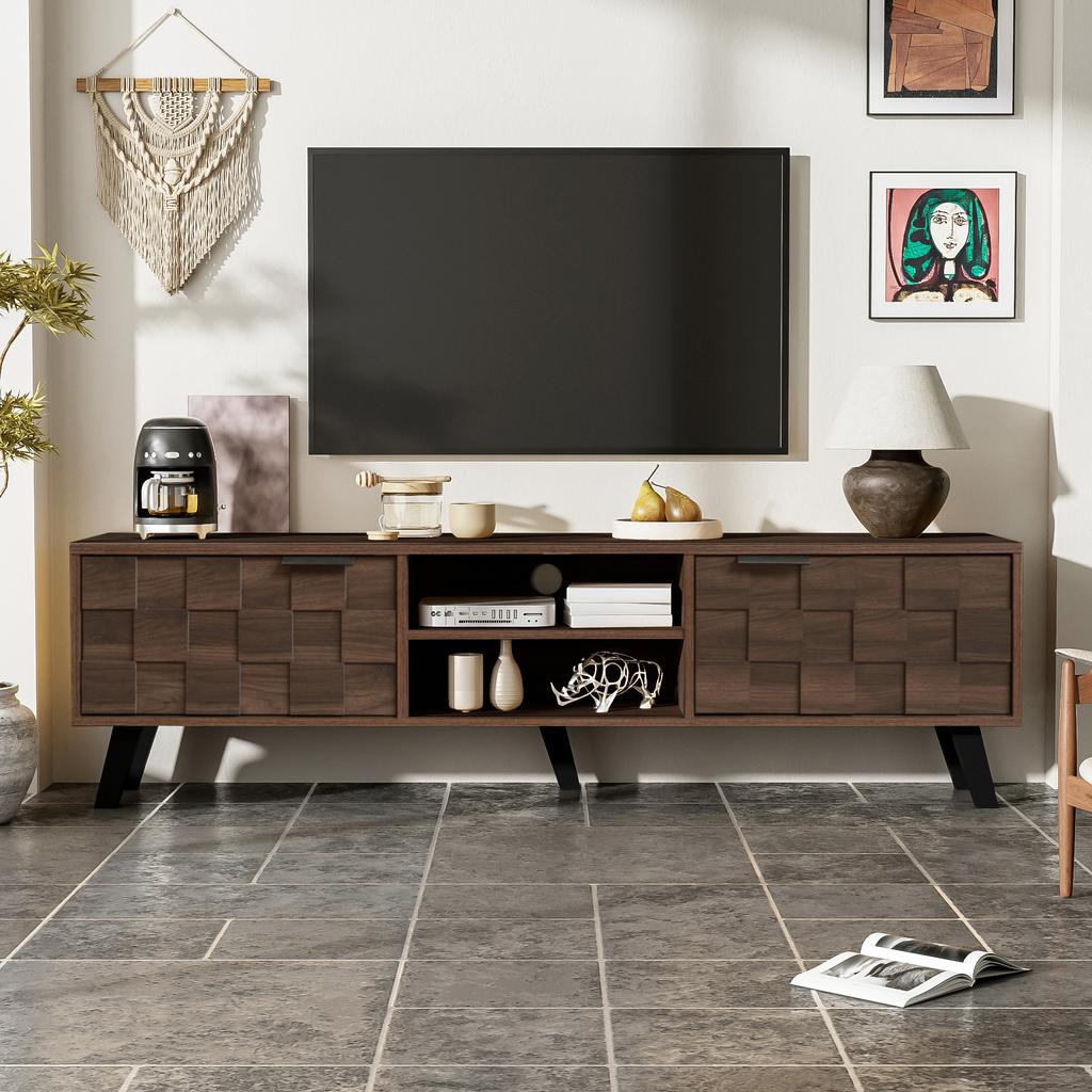 Modern TV cabinet with 2 doors and 2 open compartments in dark wood grain – 160.5 x 35.5 x 45 cm