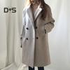 Женское осенне-зимнее пальто, двубортное, однотонное, с пуговицами, длинным рукавом, толстыми лацканами, средней длины, большие размеры, свободные карманы, женская куртка