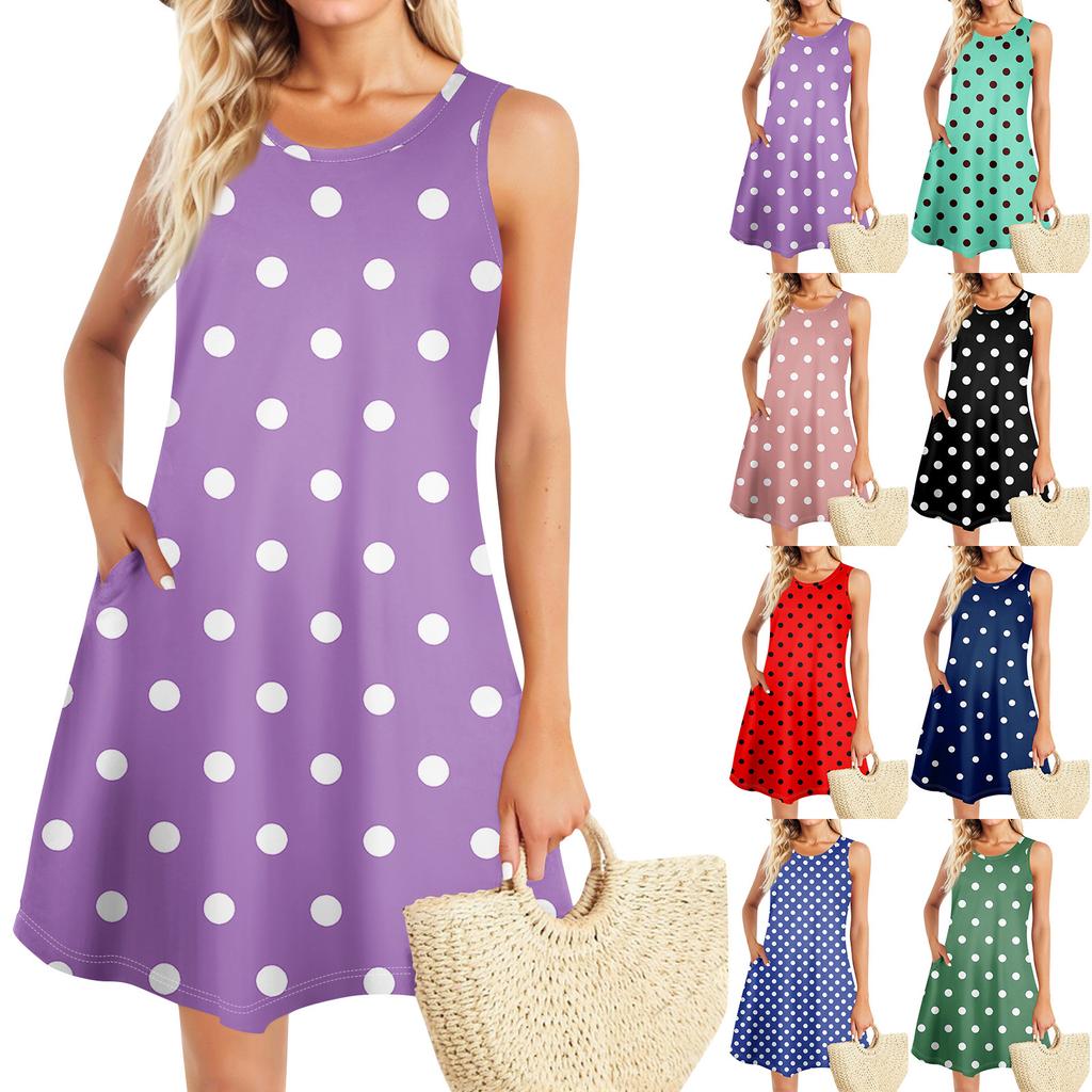 Summer Dresses For Women Beach Boho Sleeveless Vintage Printing Flowy Pocket Tshirt Tank Sundresses