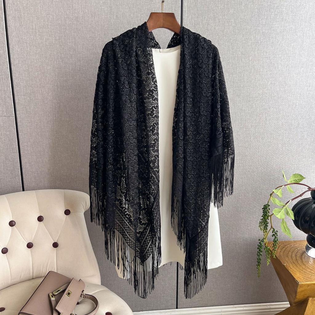 Летний кружевной вязаный ажурный шелковый шарф-шаль, длинный с тонким шарфом-накидкой