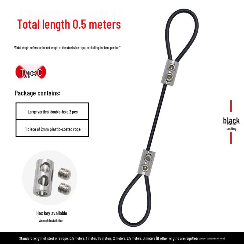 Plastic-coated steel wire rope with aluminum sleeve and stainless steel buckle for hanging and locking.