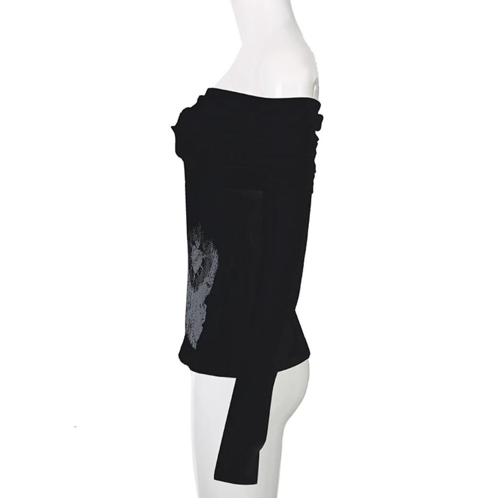 Прозрачная темная футболка с принтом Повседневная футболка с разрезом по горловине и длинным рукавом Женская мода Уличная одежда для женщин