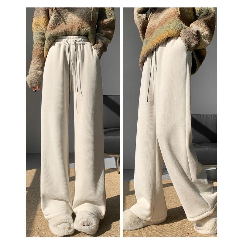 Fashion Women Drawstring Loose Casual Wide Leg Pants Autumn Fleece High Waist Winter Velvet Trousers for Women Elegant Solid Straight Lady Pants 2357
