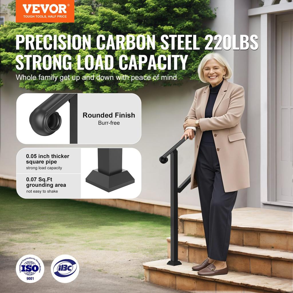 VEVOR Handrails for Outdoor Steps, 2-3 Step Stair Hand Rail & Indoor Railing Kit, Railings for Outside Steps with Installation Kit