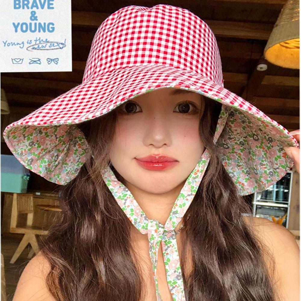 Floral Hiking Fisherman Hat Sun Protection Heart Printed Bucket Hat Plaid Hiking Cap Travel