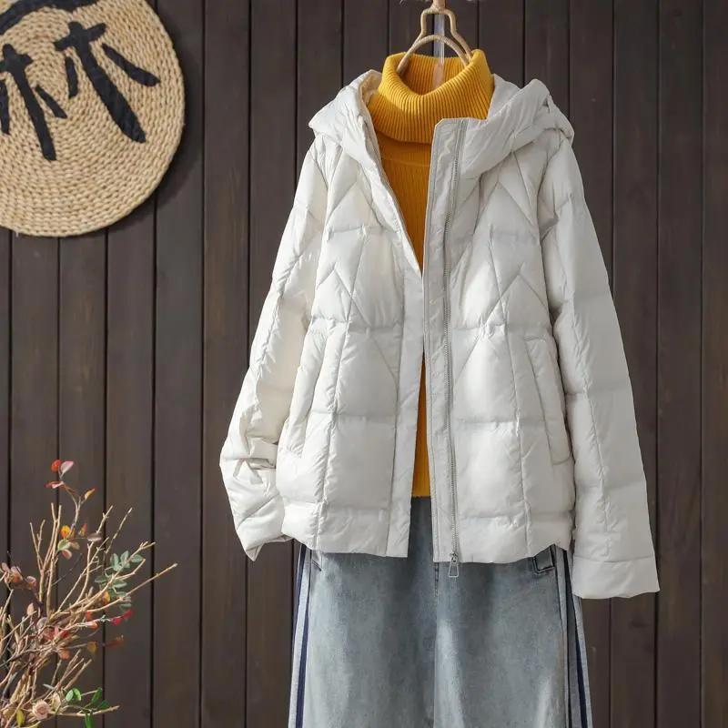 Женская зимняя пуховая куртка с капюшоном из белого утиного пуха, зимняя повседневная свободная утолщенная тонкая куртка
