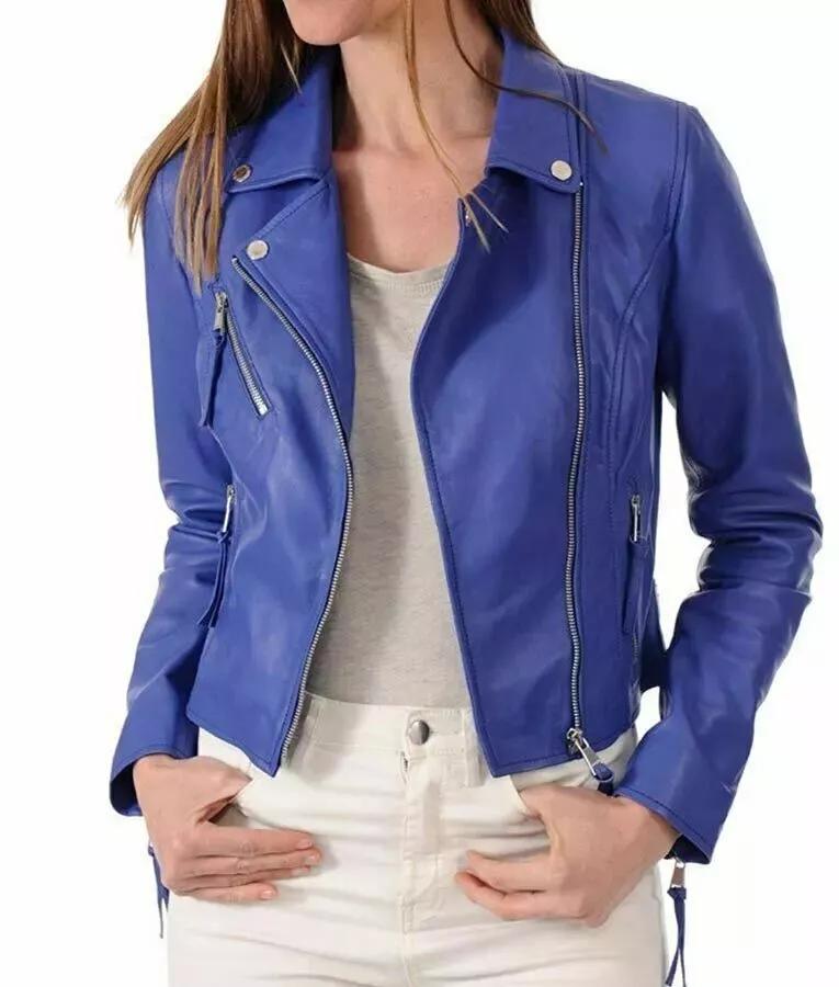 Leather Handmade Women's Jacket Blue Stylish Genuine Lambskin Biker Motorcycle Soft
