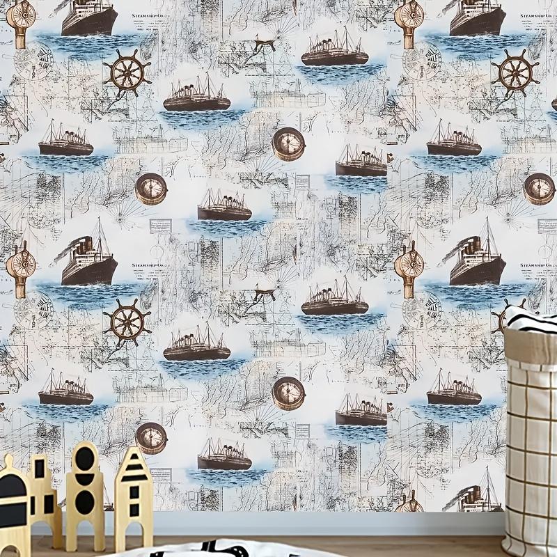 1 рулон самоклеящихся обоев в стиле винтажной парусной эпохи размером 17,7 * 393,7 дюйма, используемых для украшения рабочих столов, домашнего декора. Украсьте свой дом!