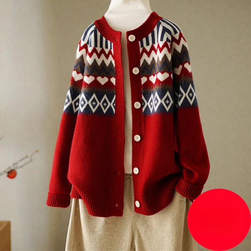 Весна Осень Винтаж Жаккард Круглый Вырез Вязаный Кардиган Женский Дикий Плюс Размер Свитер Пальто