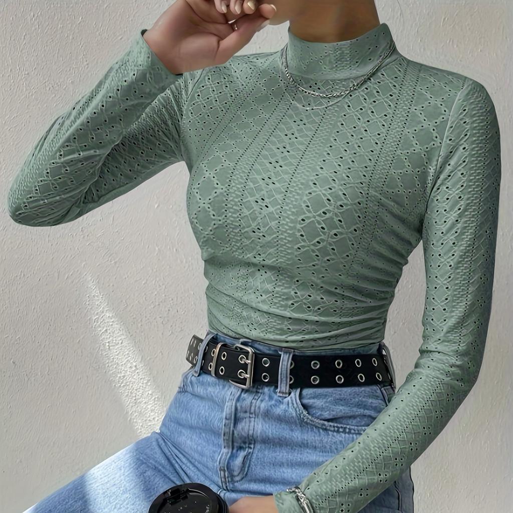 Однотонная футболка с вырезом под горло, элегантная футболка с длинным рукавом на весну и осень, женская одежда