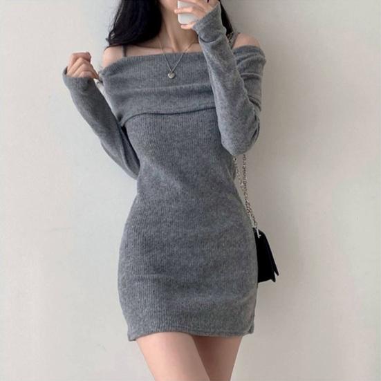 Women Knitting Tops Off Shoulder Long Sleeve Solid Color Slim Fit Pullover
