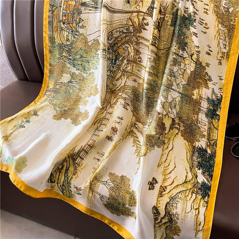 New Simple and Versatile Geometric Fashion Scarf Women's Thin Simulated Silk Shawl Sunscreen Long Large Size Silk