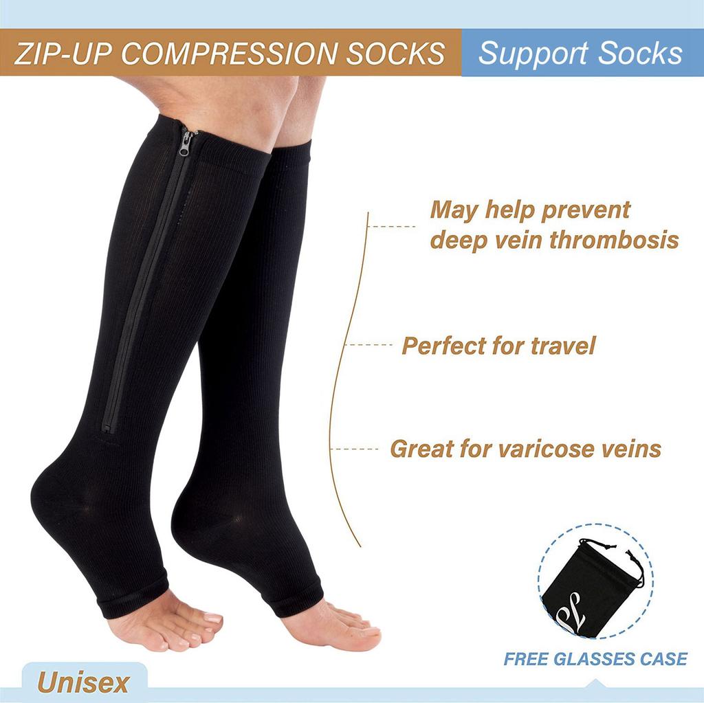 2PC Unisex Compression Socks Zipper Stretch Leg Support Open Toe Knee Stockings