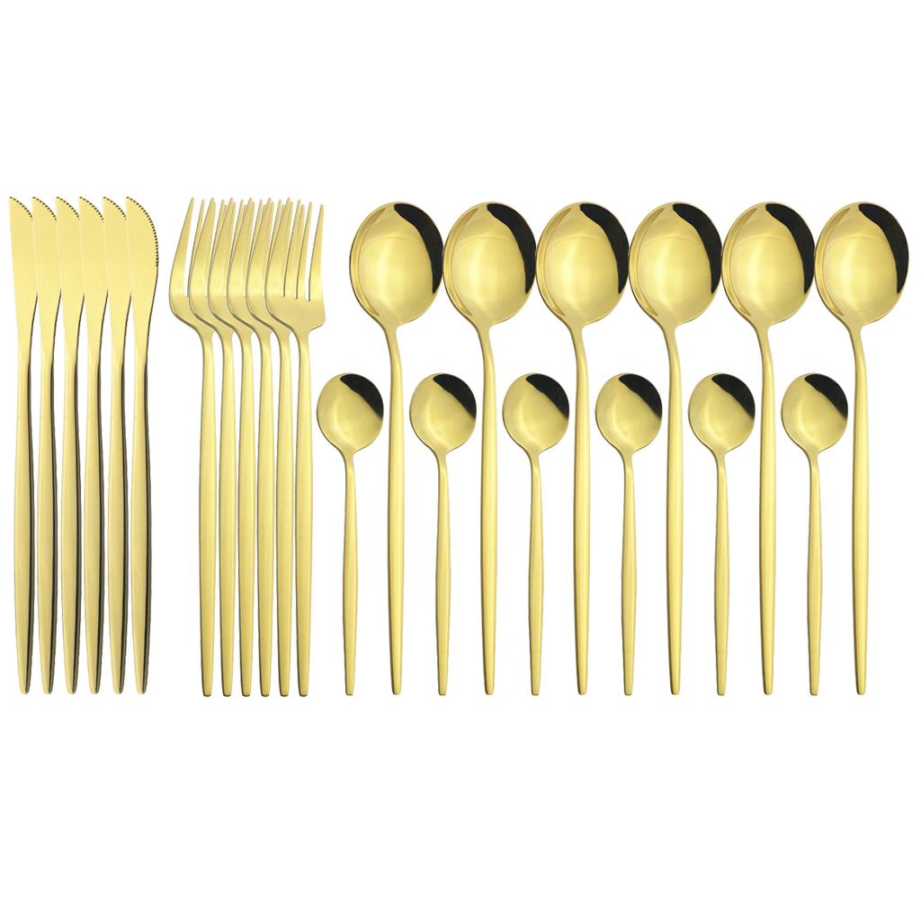 24pcs Black Gold Cutlery Set Mirror Stainless Steel Dinnerware Set Knife Fork Spoon Tableware Flatware Set Dishwasher Safe Kitchen Wedding Accessories