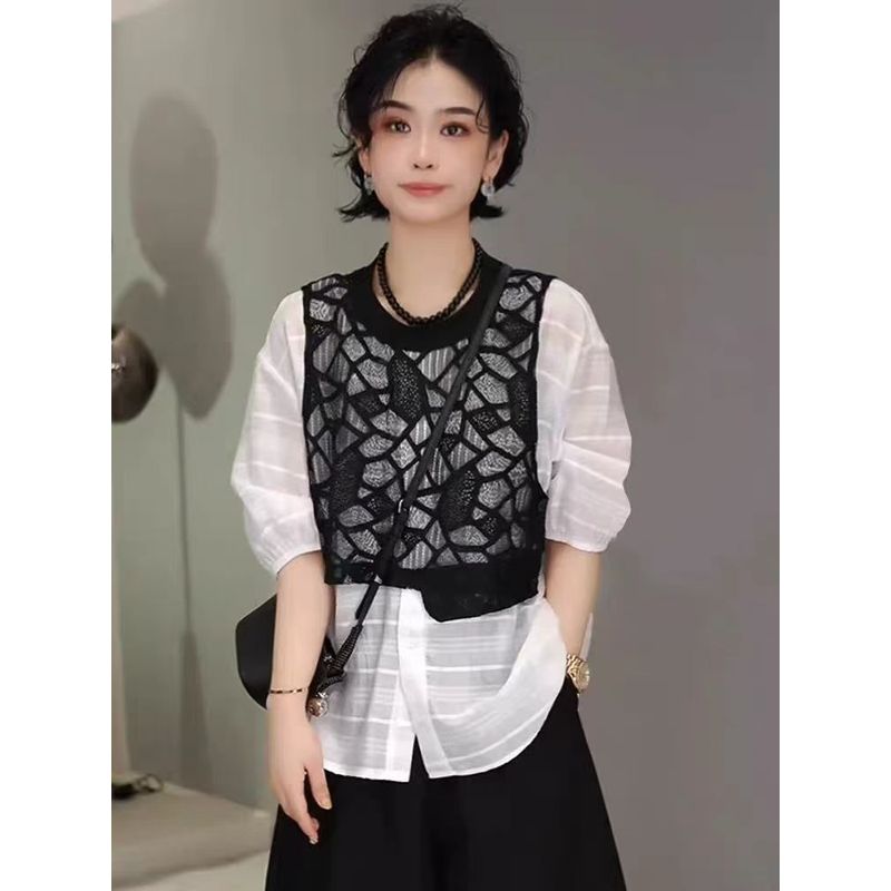 Elegant Star Shirt! Women's Fake Two-Piece Ramie Cotton Breathable Stitching Floral Lace Long Sun Protection T-shirt Summer