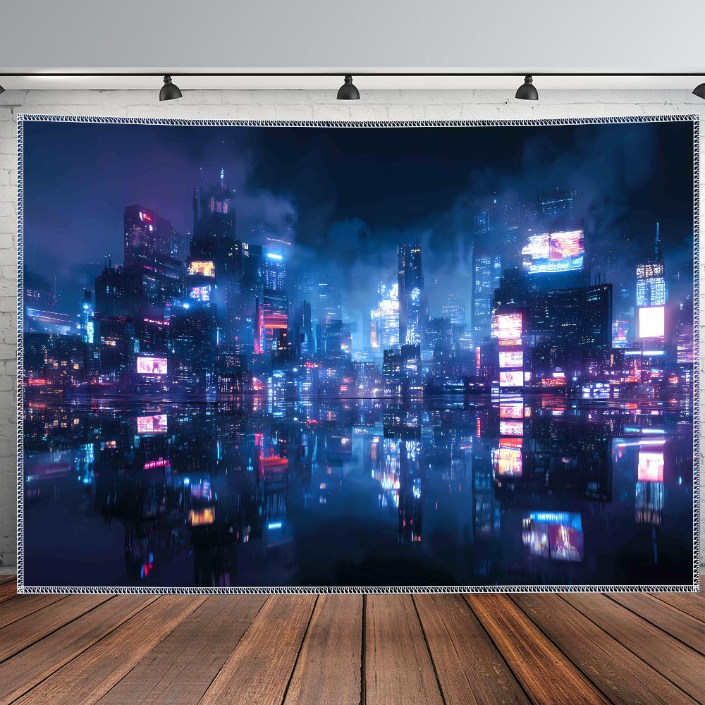 Neon Cityscape Tapestry Futuristic Skyscrapers Reflections Vibrant Lights Urban Glow for Modern and Stylish Home Decor