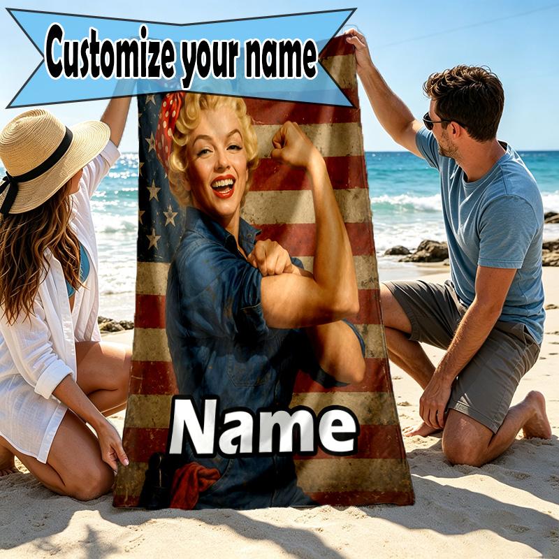 Custom Name Personalized Marilyn Monroe Print Beach Towel, for Trip Camping Beach Party Home Decor, Birthday Gift for Family & Friends
