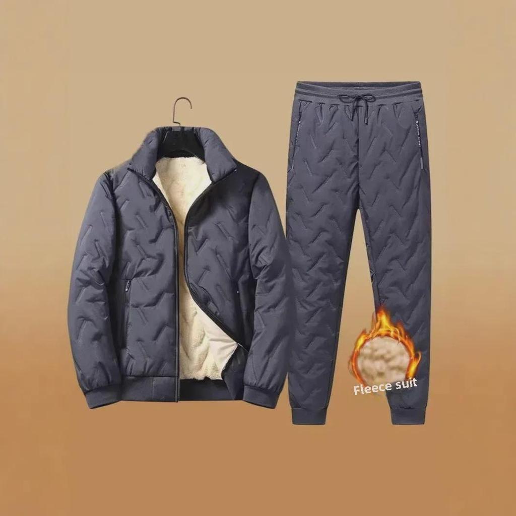 Men's Winter Cotton-Padded Suit: Velvet-Lined, Thickened Stand-Up Collar Lambskin Two-Piece Jacket