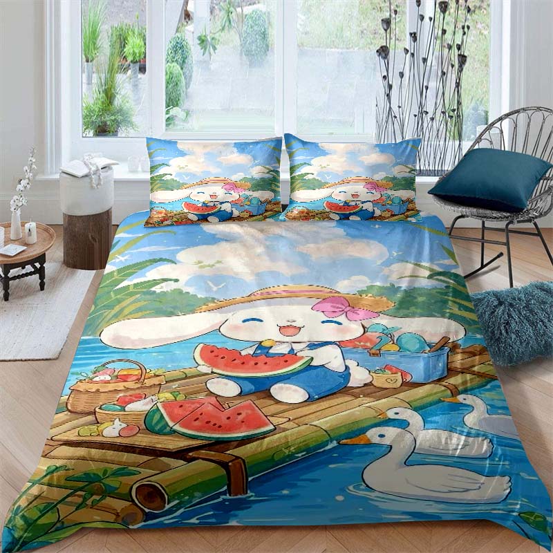 3D printed cartoon Cinnamoroll themed three-piece bedding set, including duvet cover and pillowcases, a perfect holiday gift.