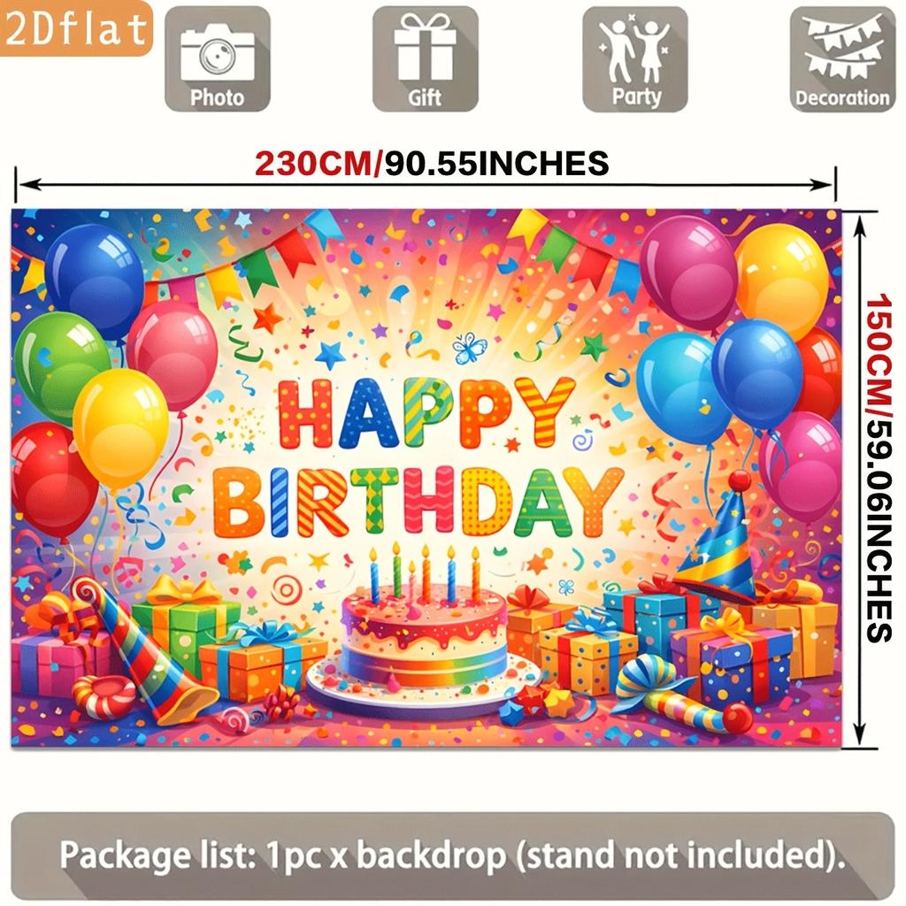 Colorful Birthday Celebration with Balloons, Cake, Gifts, Confetti and Festive Decorations Polyester Backdrop, for Party Decor Home, Club