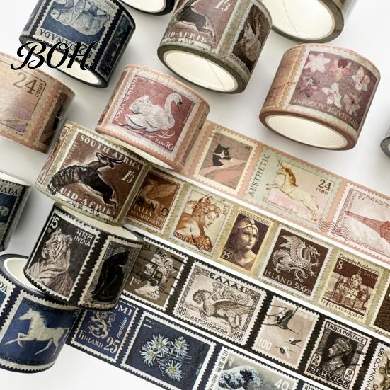 Retro Adhesive Tape Vintage Stamp Washi Roll, Aesthetic Decorative Masking Tape, for DIY Art Crafts, Journaling Scrapbooking Supplies Planner