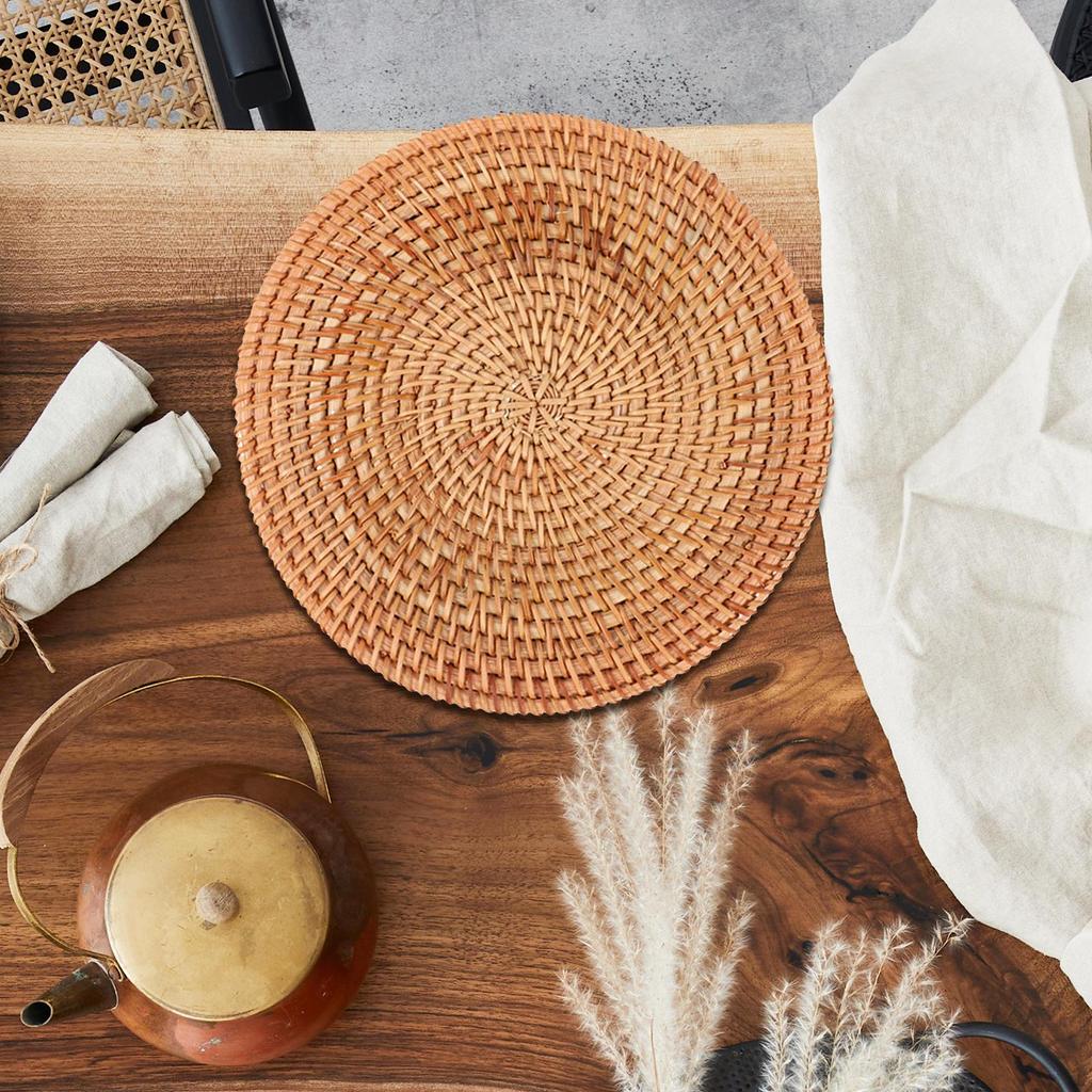 Round Rattan Placemats Coaster Handwoven Heat Insulation Pads for Outdoor Camping
