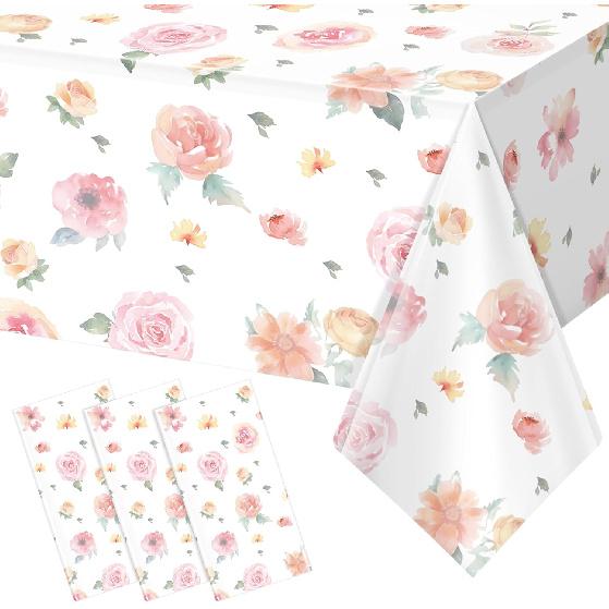 3 Pcs Spring Floral Tablecloth, Pink Wildflower Plastic Disposable Tablecloth Rectangle Table Covers for Easter, Birthday, Wedding, Baby Shower, Tea